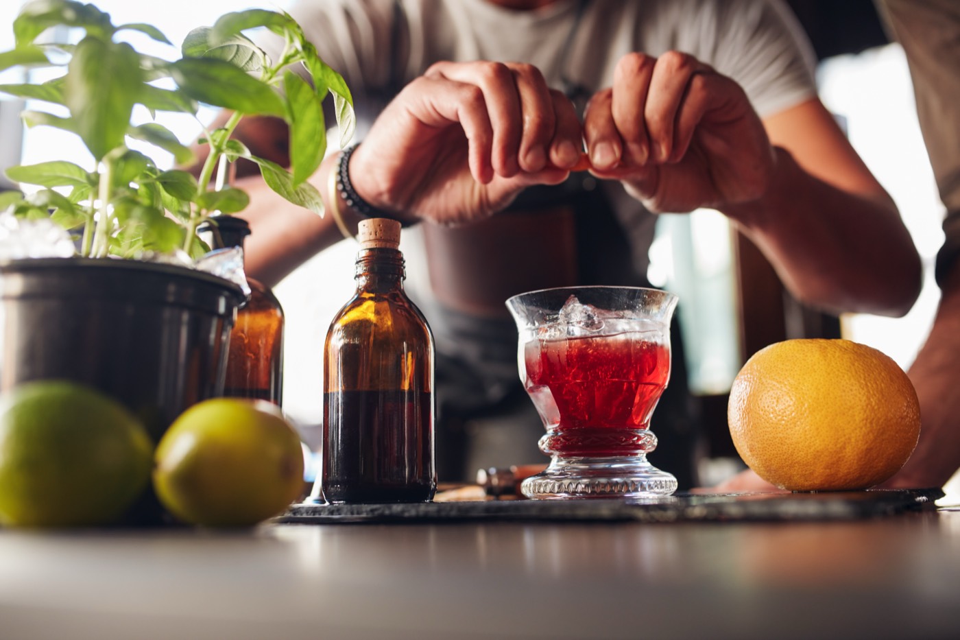 A carefully built alcohol-free cocktail, garnished and served over fresh ice