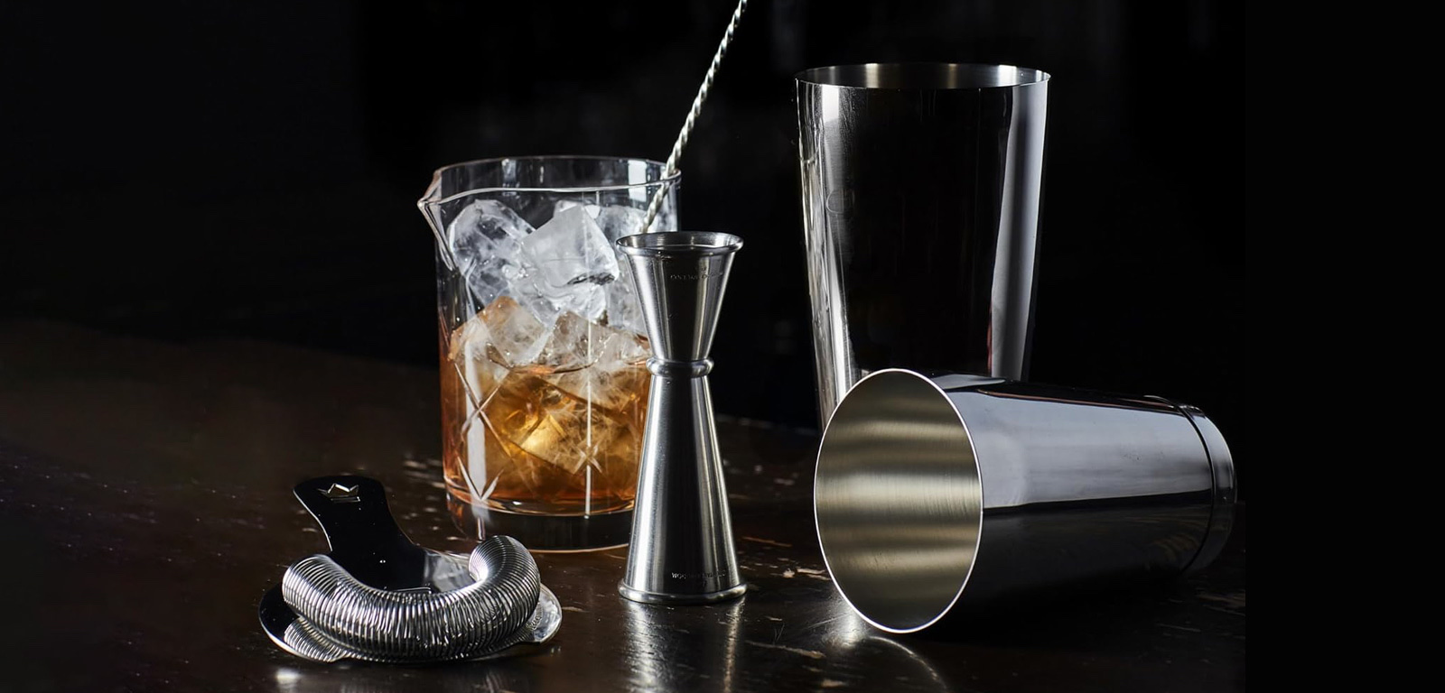 Cocktail Kingdom Essential Cocktail Set: shaking tins, jigger, strainer, and mixing glass