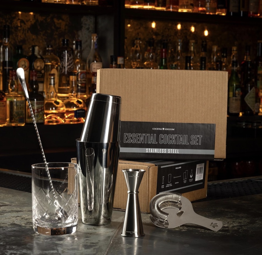 Cocktail Kingdom weighted shaking tins, strainer, and jigger
