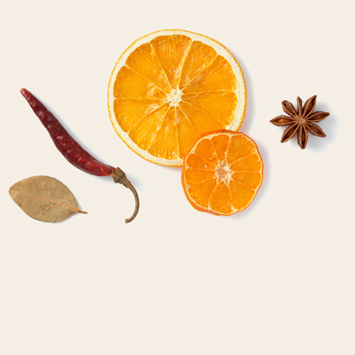 Dried citrus, chili, bay leaf, and star anise, alcohol-free cocktail ingredients